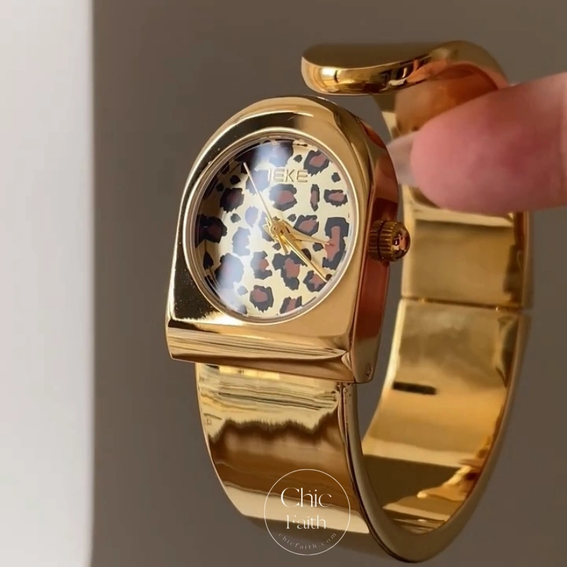 Gold Leopard Print Dial Women's Bangle Watch