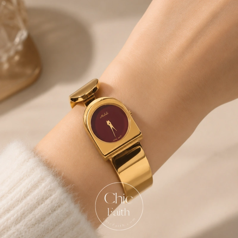 Retro Gold Burgundy Dial Women's Bangle Watch
