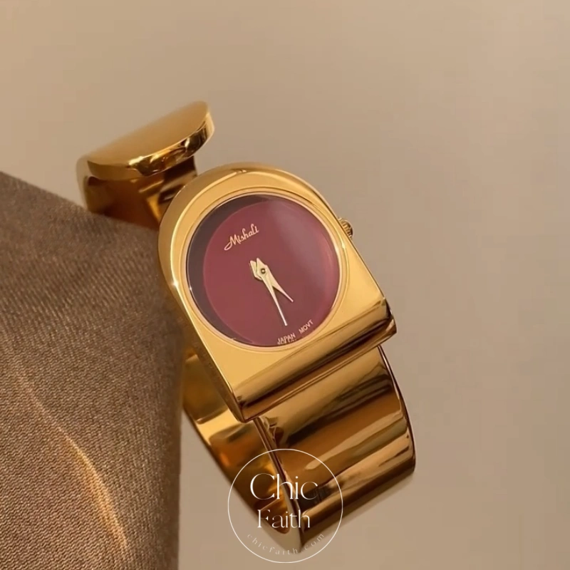 Retro Gold Burgundy Dial Women's Bangle Watch