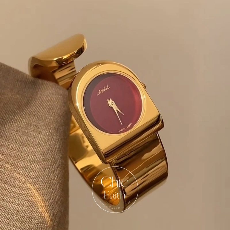 Retro Gold Burgundy Dial Women's Bangle Watch