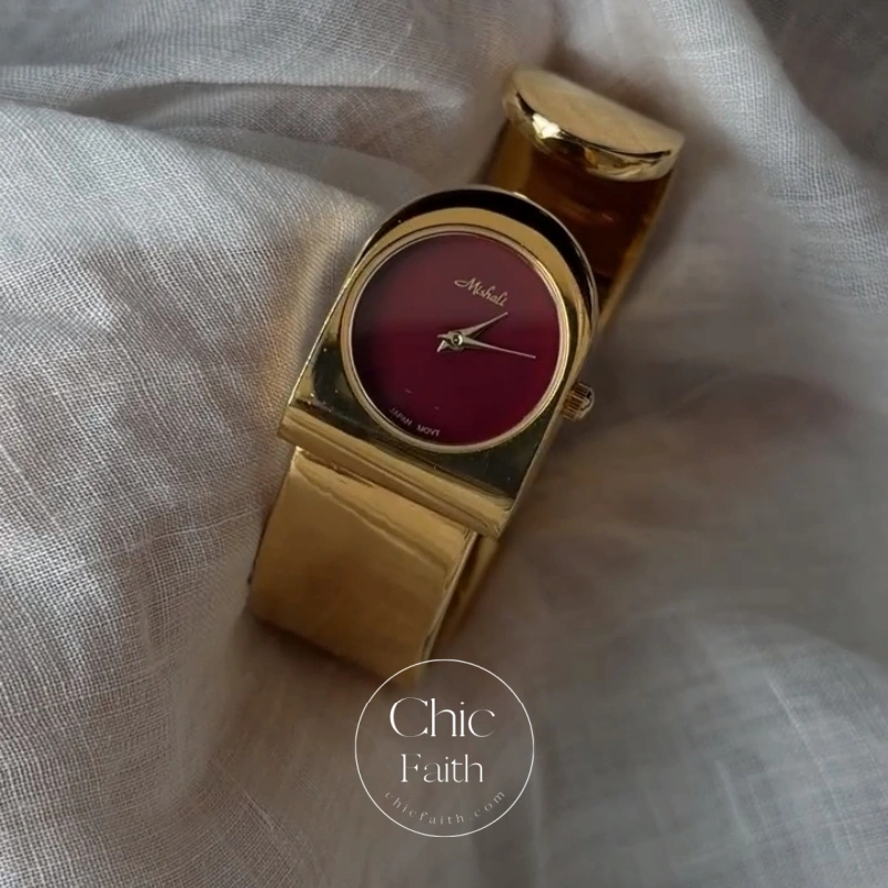 Retro Gold Burgundy Dial Women's Bangle Watch