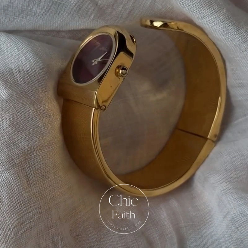 Retro Gold Burgundy Dial Women's Bangle Watch