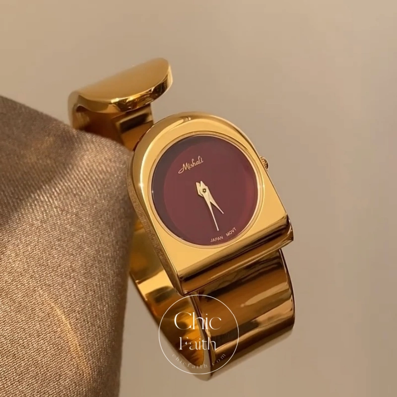 Retro Gold Burgundy Dial Women's Bangle Watch