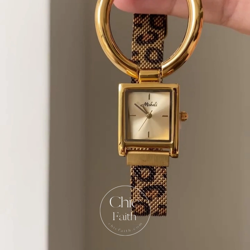 Vintage-Inspired Gold/Silver Leopard Mesh Strap Women's Watch