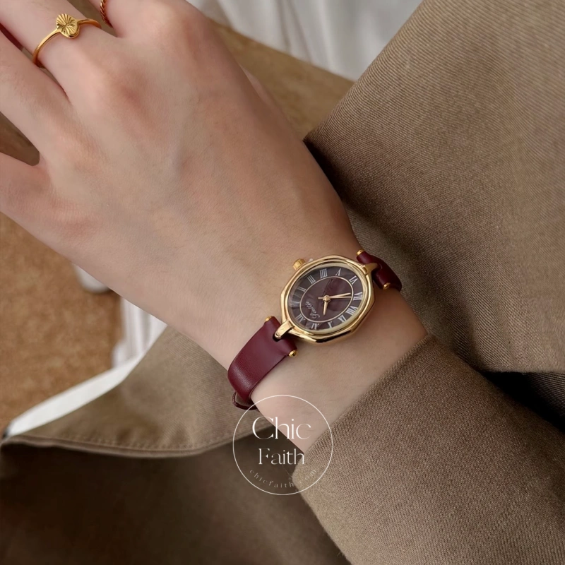Retro Burgundy/Black Roman Numeral Dial Leather Strap Women's Watch