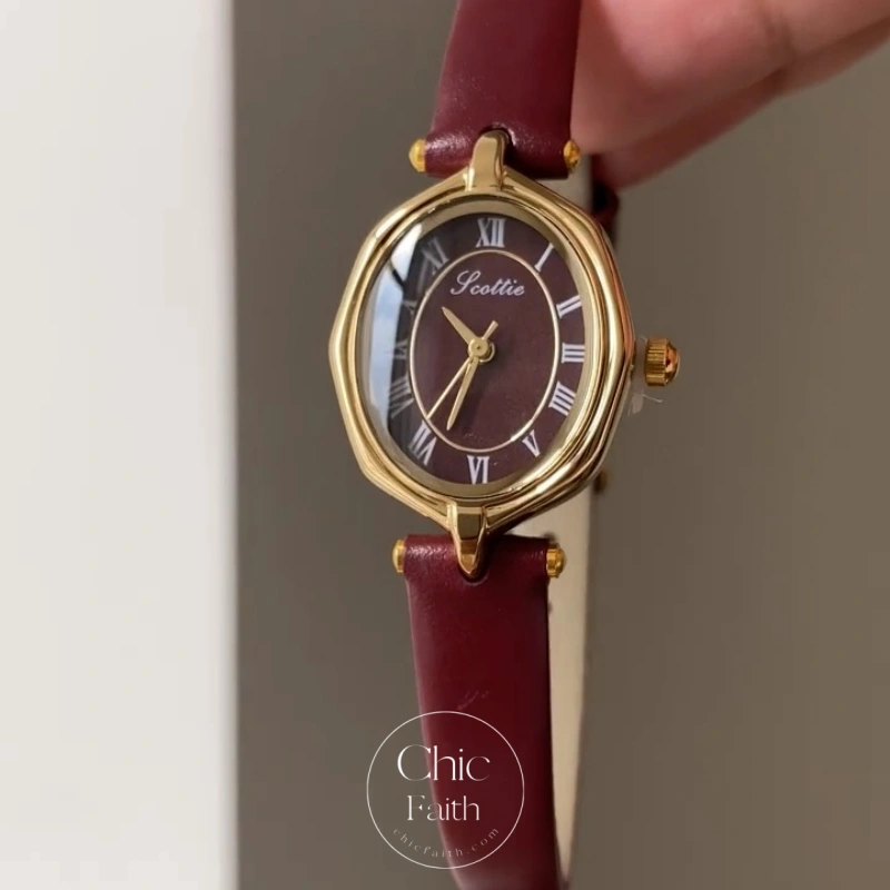 Retro Burgundy/Black Roman Numeral Dial Leather Strap Women's Watch