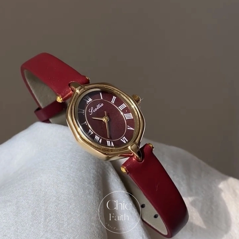 Retro Burgundy/Black Roman Numeral Dial Leather Strap Women's Watch