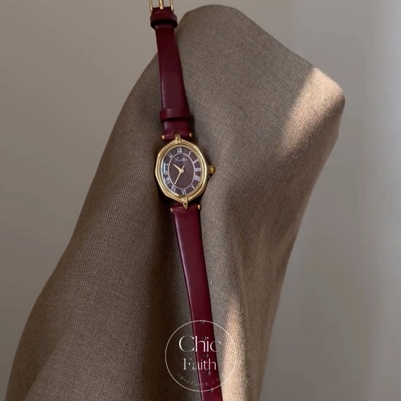 Retro Burgundy/Black Roman Numeral Dial Leather Strap Women's Watch