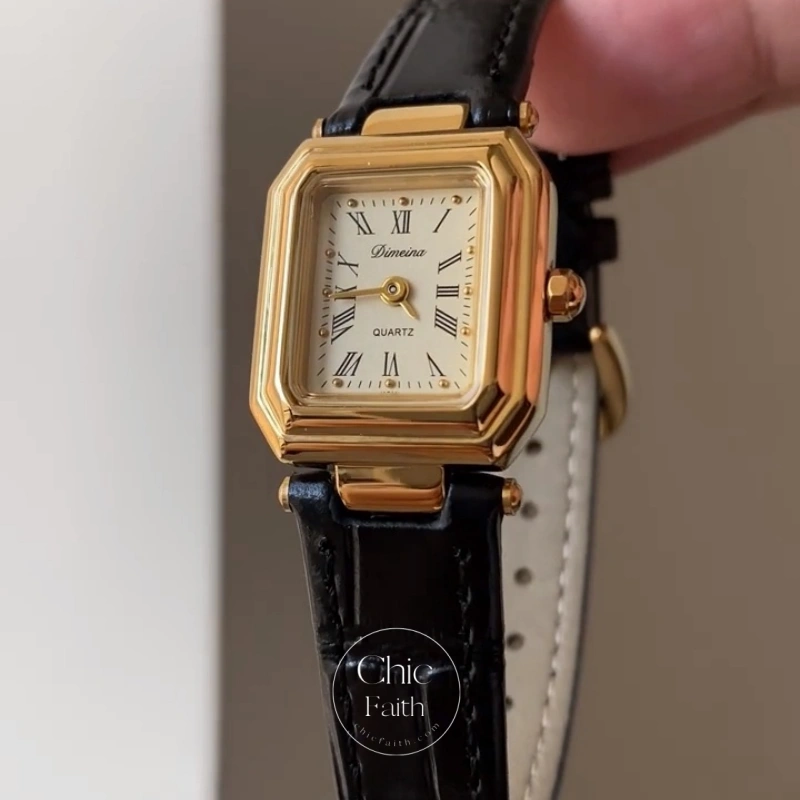 Classic Gold Square Face Black Leather Strap Women's Watch