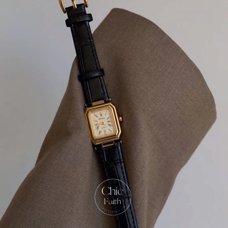 Classic Gold Square Face Black Leather Strap Women's Watch