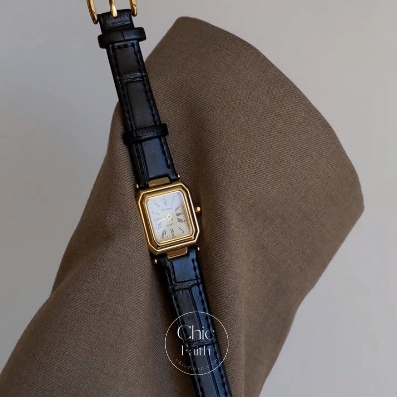 Classic Gold Square Face Black Leather Strap Women's Watch