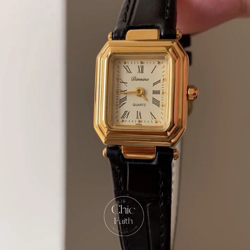 Classic Gold Square Face Black Leather Strap Women's Watch