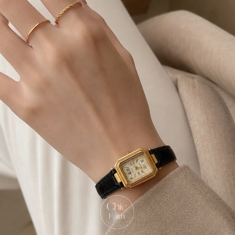 Classic Gold Square Face Black Leather Strap Women's Watch
