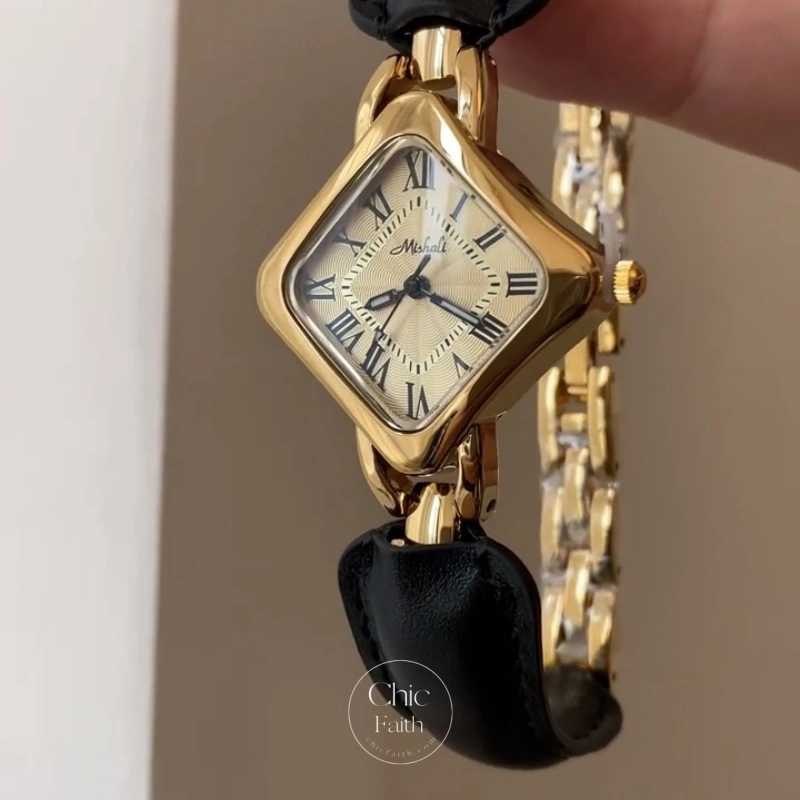 Retro Gold Black Diamond Shaped Leather Women's Watch