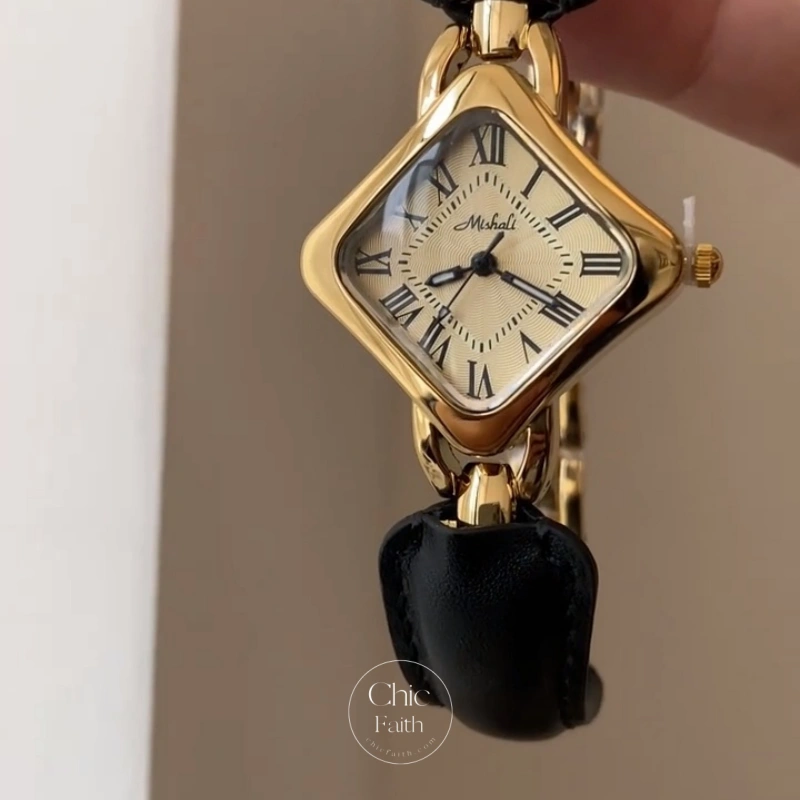 Retro Gold Black Diamond Shaped Leather Women's Watch