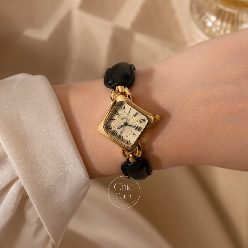 Retro Gold Black Diamond Shaped Leather Women's Watch