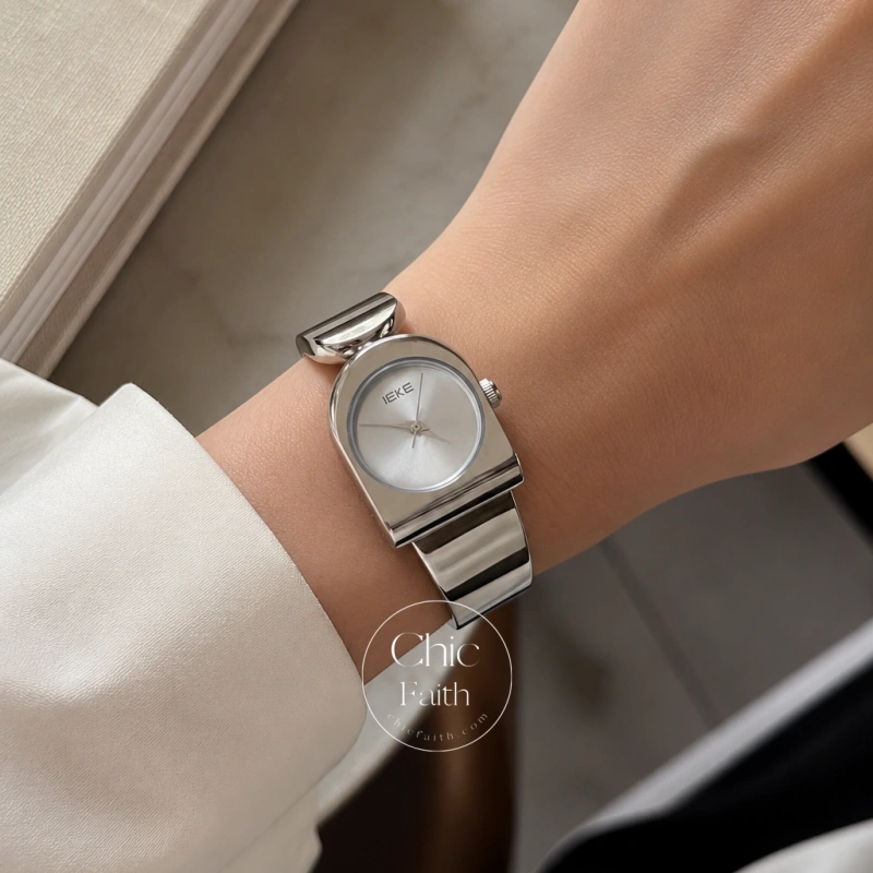 Minimalist Silver Dial Women's Bangle Watch