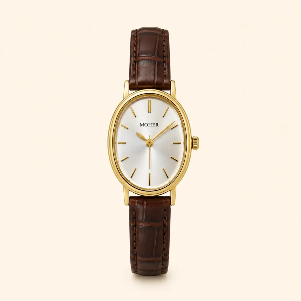 ChicFaith Gold Oval Brown Leather Band Watch for Women