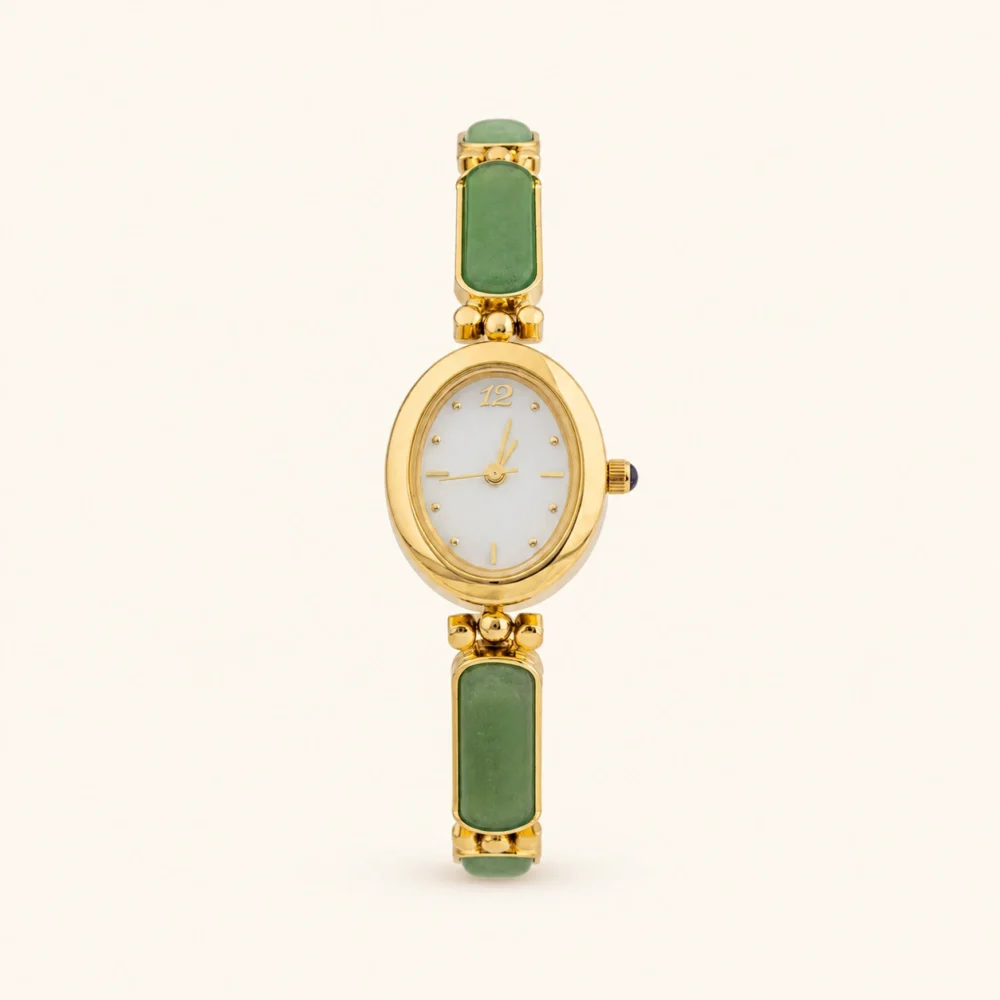 Dainty Gold Watch Oval Green Jade Bracelet Women's Watch