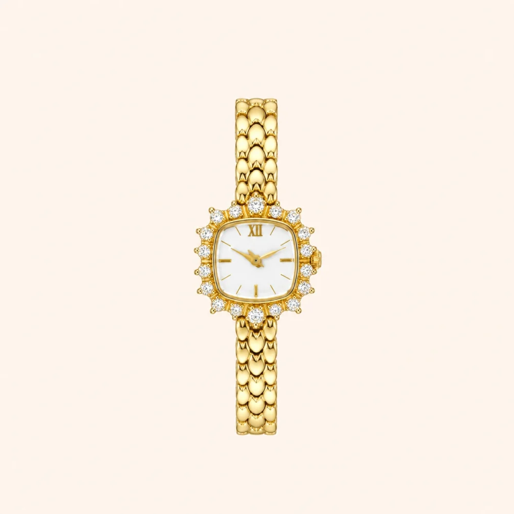 Classic White Square Dial Gold Zircon Bracelet Watch for Women
