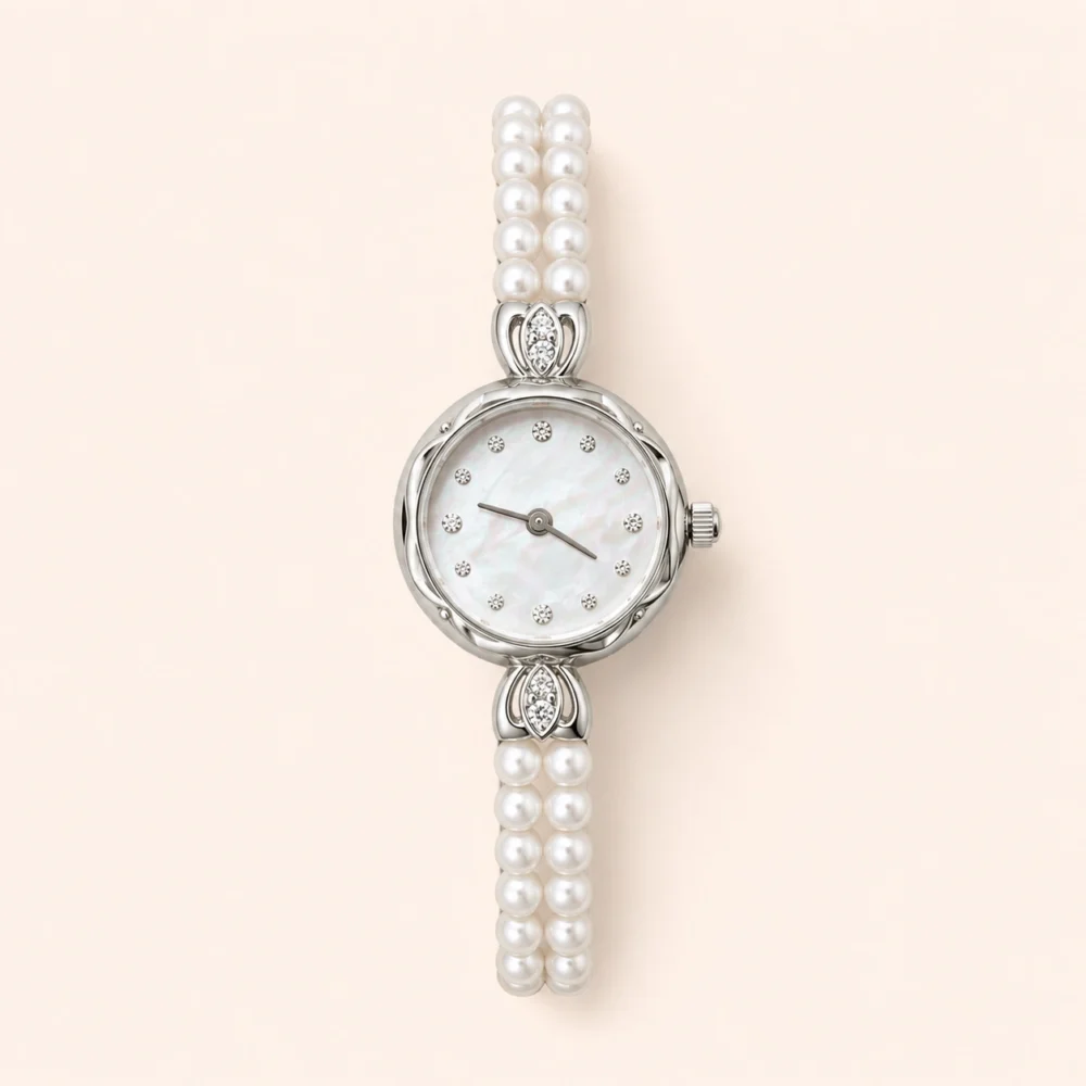 Dainty Pearl Bracelet Watch Silver Dial Watch for Women