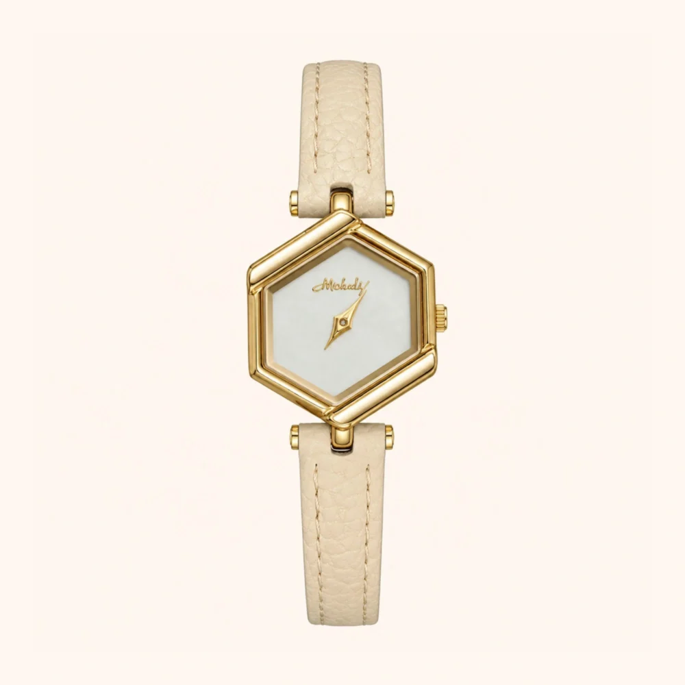 Minimalist Gold Hexagon Face Leather Strap Watch for Women