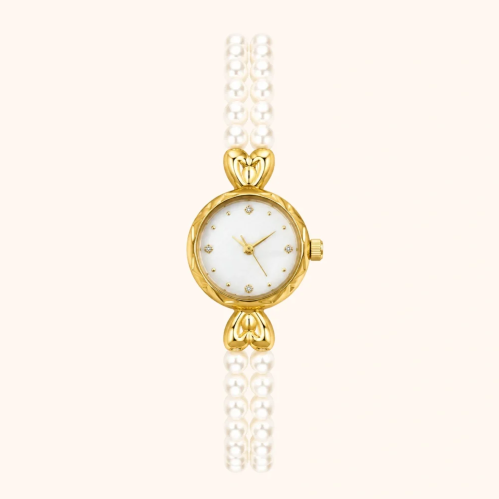 Elegant Pearl Bracelet Watch Gold Dial Watch for Women