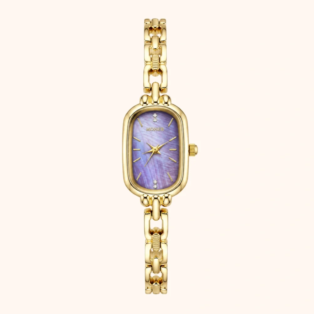 ChicFaith Purple Mother of Pearl Dial Gold Oval Bracelet Watch for Women