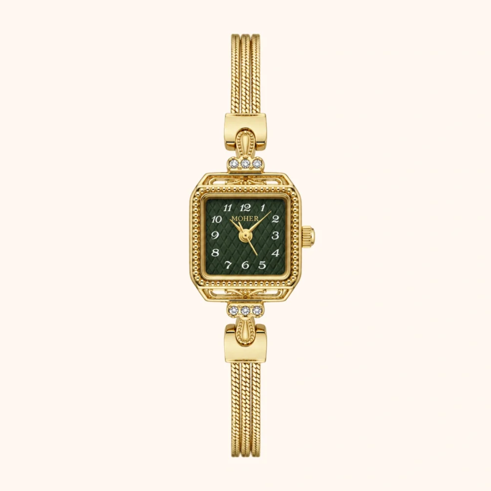 ChicFaith Gold Small Square Green Dial Slim Chain Bracelet Watch for Women