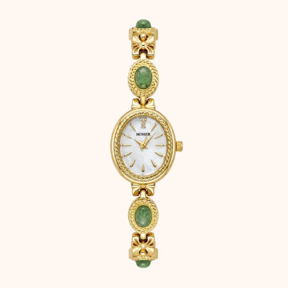 ChicFaith Gold Small Face Green Jade Gemstone Bracelet Watch