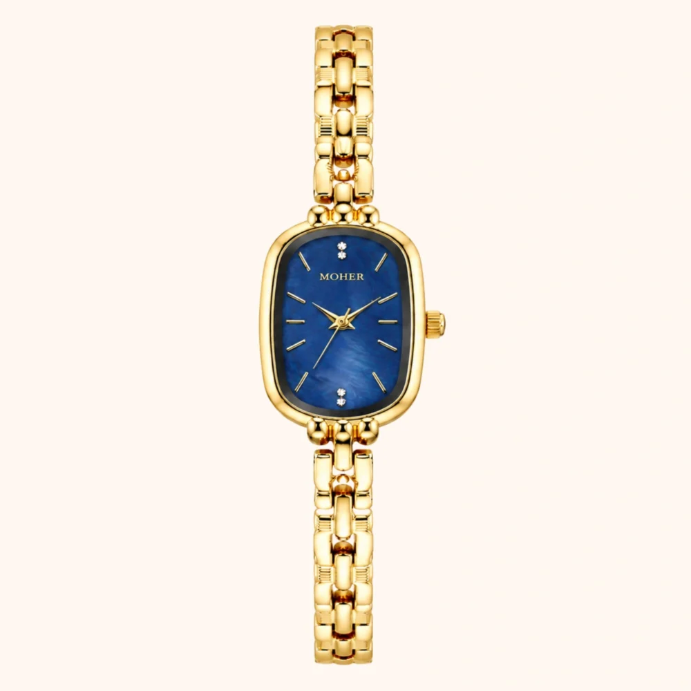 ChicFaith Blue Mother of Pearl Dial Gold Oval Bracelet Watch for Women