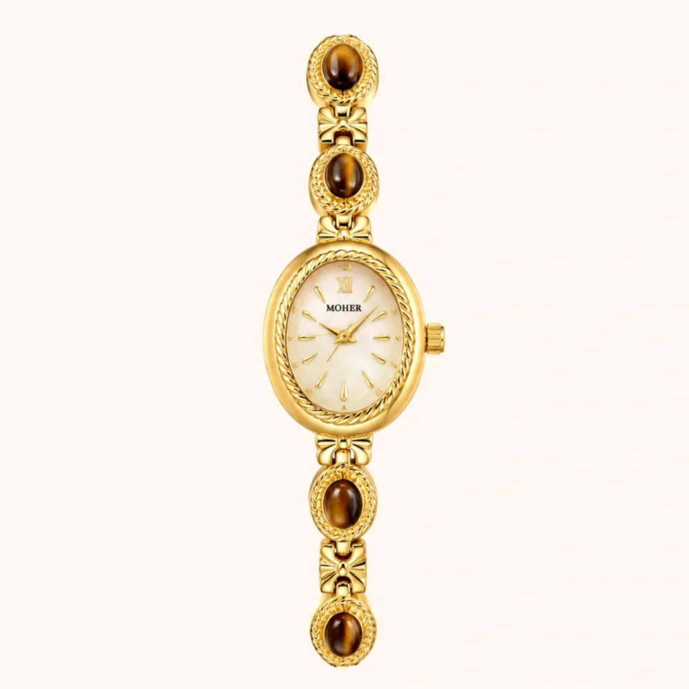 ChicFaith Beige Mother of Pearl Tiger's Eye Gemstone Bracelet Watch