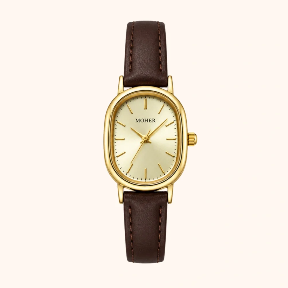 ChicFaith Gold Oval Dial Brown Leather Strap Watch for Women