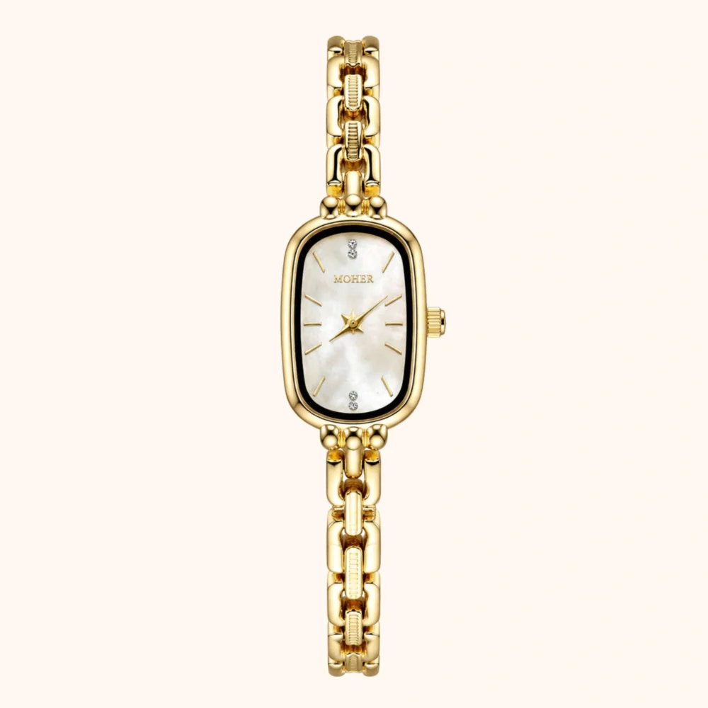 ChicFaith Beige Mother of Pearl Dial Gold Oval Bracelet Watch for Women