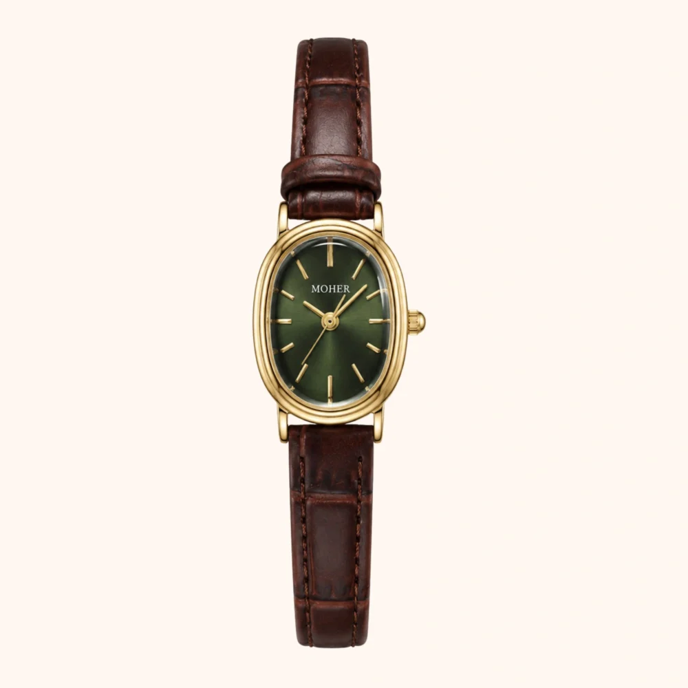 ChicFaith Olive Green Oval Dial Brown Leather Band Watch for Women