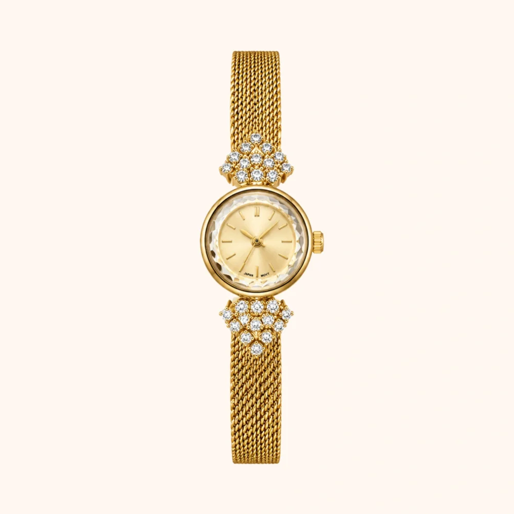 Dainty Gold Round Crystal Mesh Bracelet Watch for Women