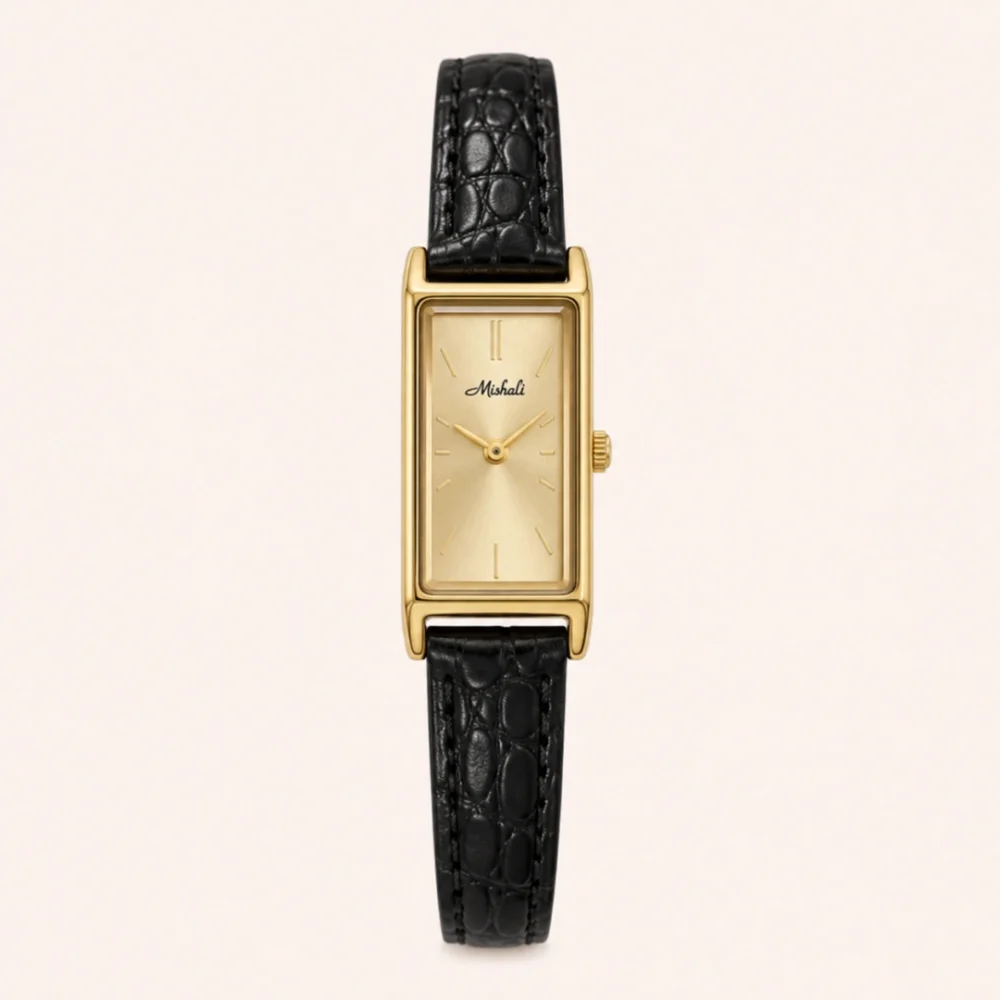 Minimalist Style Black Rectangle Leather Watch for Women