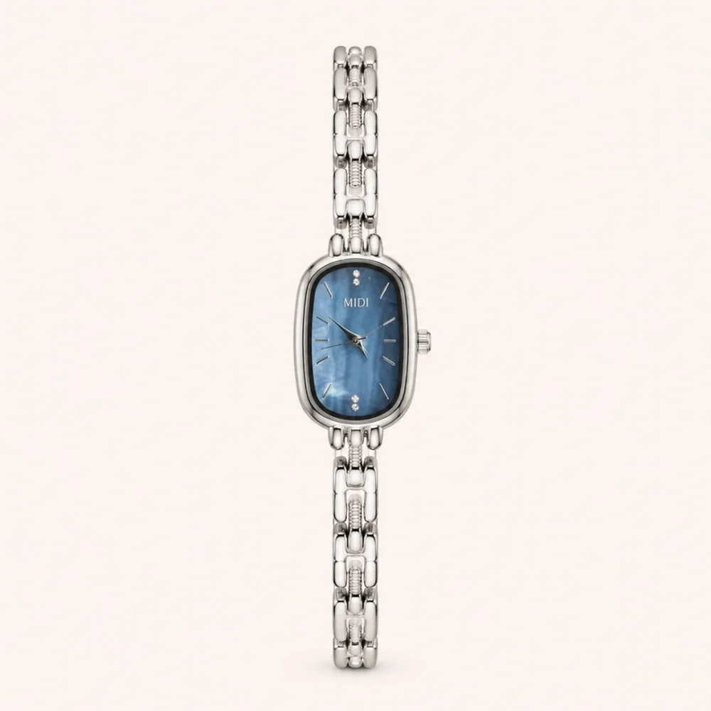 Elegant Oval Face Blue Mother of Pearl Dial Silver Bracelet Watch for Women
