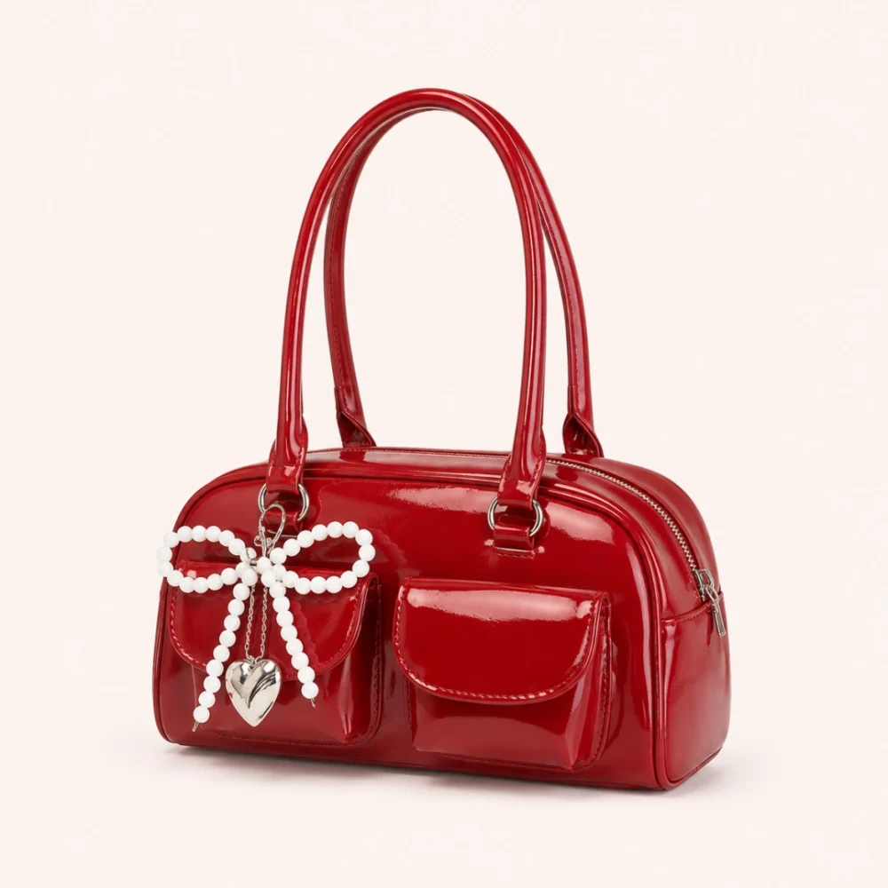Chic Red/Black/White/Silver Women's Leather Shoulder Bag
