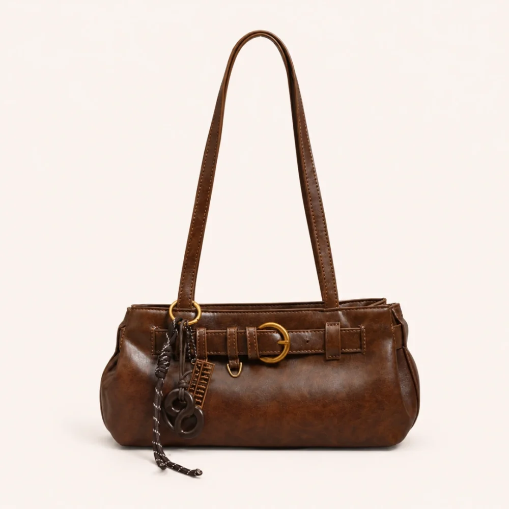 Chic Brown/Mocha/White/Black Belt Buckle Women's Leather Shoulder Bag