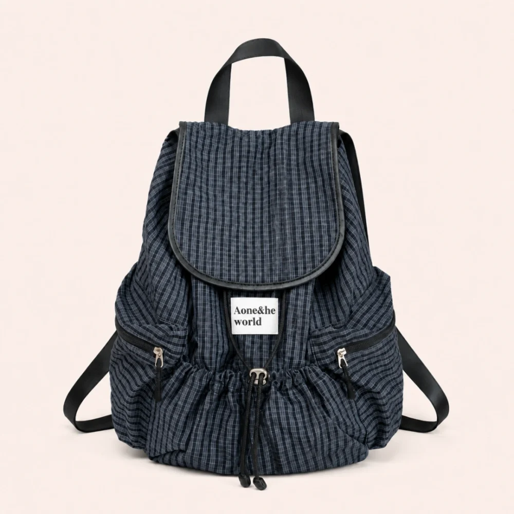 Retro Blue/ Black Plaid Drawstring Women's Backpack